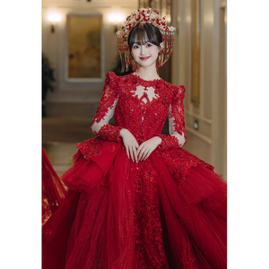 法式在逃公主红色婚纱2024新款新娘奢华重工大拖尾高级质感主纱女