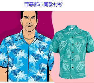 000人付款淘宝罪恶都市汤米衣服夏季五分袖衬衫男宽松沙滩花衬衣海边