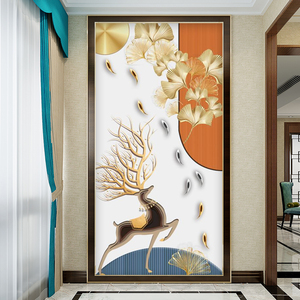 麋鹿玄关入户进门墙壁纸轻奢高档大气走廊墙布竖版玄幻过道壁画3d