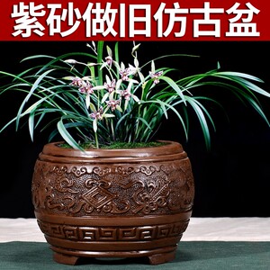宜兴紫砂仿古花盆浮雕君子兰花盆中国风花卉绿植盆栽盆景花盆陶瓷