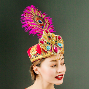 新疆舞蹈花帽女成人大羽毛高档贴钻维族头饰广场舞民族舞演出帽子