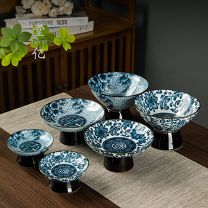 中式复古青花瓷个水果盘陶瓷高脚茶点盘家用零食糕坚果茶点盘供盘