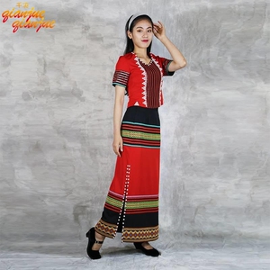 佤族服装女云南少数民族特色民族风红色复古风修身长款筒裙套装夏