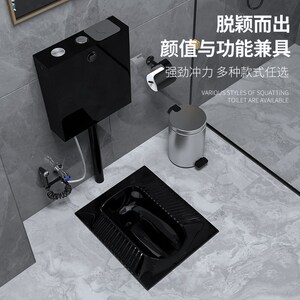 日丰黑色蹲便器防臭蹲坑式便池陶瓷带存水弯感应式水箱套装卫生间
