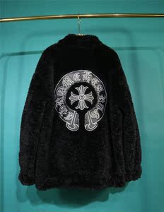 欧美潮牌冬季克罗心男女款加厚羊毛羔外套十字架梵文贴片刺绣夹克