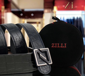 zilli牛仔压鳄鱼纹z字方形扣头英伦简约百搭男士头层牛皮皮带腰带