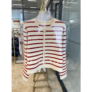 法式复古红白撞色条纹小香风设计感小众秋冬季针织开衫外套毛衣女