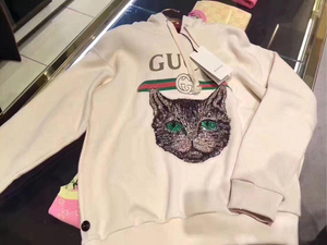 新款 欧洲代购gucci/古奇上衣女白色猫头古驰休闲长袖宽松卫衣