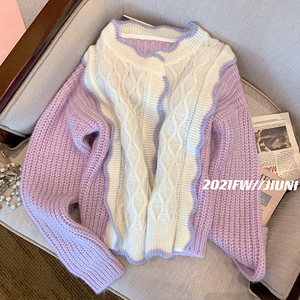 玖霓紫色毛衣外套女2022秋季新款拼色温柔甜美慵懒风小众针织开衫
