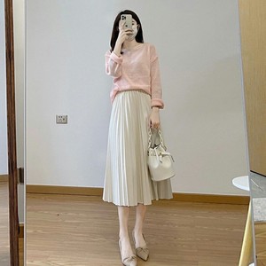 毛呢杏色半身裙女中长款a字裙2022百褶裙长裙配毛衣两件套装春秋