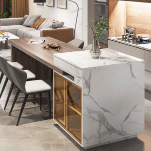 中岛台餐桌一体可伸缩岩板轻奢定制简约现代开放厨房餐桌实木吧台