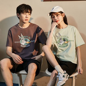 [兔八哥联名]唐狮情侣t恤夏季男士女宽松印花短袖打底衫纯棉潮t男