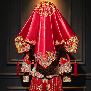 红盖头新娘结婚头纱中式秀禾服复古红色绣花缎面流苏蒙头刺绣喜帕
