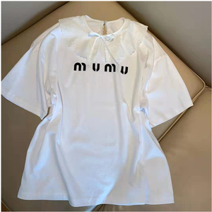 miumiu2021新款字母印花减龄洋气娃娃领休闲百搭宽松短袖t恤女潮