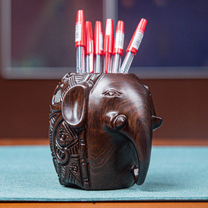 众亨黑檀大象笔筒实木雕刻办公室书房书桌摆件红木工艺品商务礼品