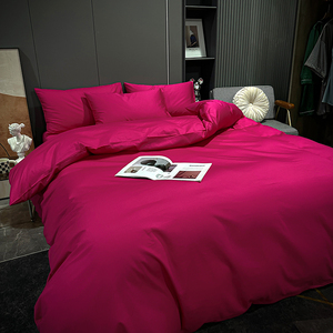 全棉四件套纯棉床上床品床单纯色红色简约100被套1.8m床笠三4件套