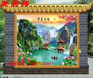 定制农村庭院影壁迎门墙瓷砖旭日东升流水生财迎客松山水风景画