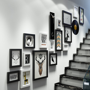 北欧艺术黑白照片墙现代简约组合相框楼梯装饰画钟表壁挂可换照片