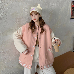 中长款棒球服女春秋粉色