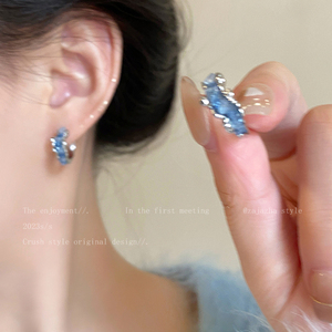 蓝色港风耳圈女夏天2024新款爆款甜酷时尚耳环小众设计感高级耳饰