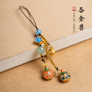 古法纯铜烧蓝吞金兽手机挂件一家三口招财手机链挂饰女款网红吊坠