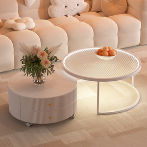 奶油风网红岩板茶几客厅2023新款小户型家用可移动简约圆形玻璃桌