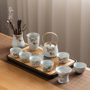 汝窑大套装一壶六杯二人功夫茶具陶瓷家用简约办公泡茶壶带茶盘