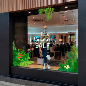 夏天热带雨林店铺装饰静电贴服装店新品商场橱窗绿叶布置玻璃贴纸