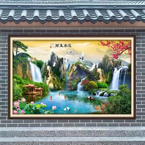 定制农村庭院别墅迎客松山水风景瓷砖影壁迎门墙旭日东升3d壁画