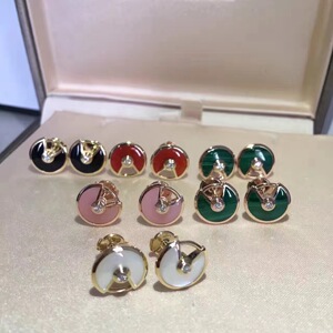 cartier/卡地亚护身符耳钉18k玫瑰金镶钻孔雀石粉贝母经典款耳环