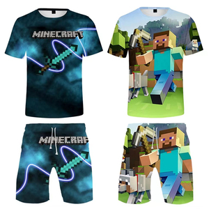 我的世界衣服男童短袖t恤中大童Minecraft苦力怕套装半袖两件套潮