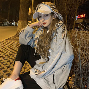 精神小妹女装社会女外套快手网红大美巨婴同款格子连帽开衫精神百