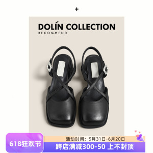 dolin collection法式复古气质包头凉鞋女慵懒百搭粗跟玛丽珍单鞋