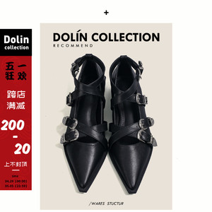 Dolin collection暗黑风尖头方跟单鞋女时髦新款交叉扣带玛丽珍鞋