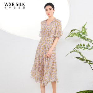 韦小宝春夏碎花桑蚕丝气质短袖中长款气质连衣裙女9221147467