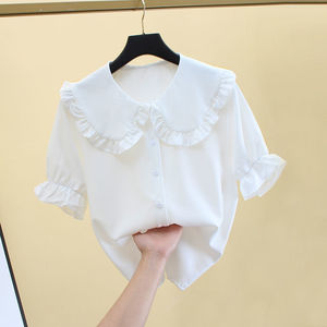 雪纺衬衫女短袖夏季新款学生韩版宽松大码白色雪纺衫娃娃领上衣