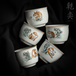汝窑主人杯单杯功夫茶杯套装萌虎品茗杯茶盏陶瓷茶具个人专用杯子