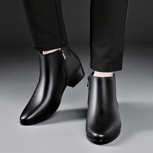 尖头皮靴男高帮马丁靴真皮冬季加绒切尔西短靴侧拉链牛皮高跟皮鞋