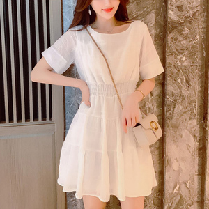 韩国超仙雪纺连衣裙女夏季收腰显瘦网红气质白色小个子法式a字裙
