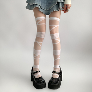 绑带白色丝袜纯欲亚文化黑丝绷带条纹过膝y2k设计感瘦腿lolita袜
