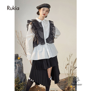 rukia/秋装温柔韩系套装不规则网纱衬衫半身裙子盐甜系穿搭两件套
