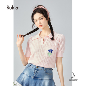 rukia/溥款女针织衫粉色甜美口袋正肩polo衫设计感小众上衣高级感
