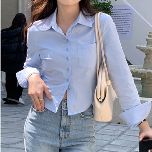 罗莱妃奶蓝色衬衫女日系小个子高级感别致高腰短款浅蓝色长袖衬衣