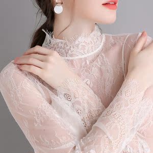 透明白色网纱上衣女薄纱长袖性感洋气内搭纱衣镂空大码蕾丝打底衫