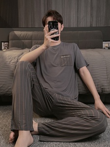 韩国MC睡衣男士夏季薄款莫代尔棉休闲短袖条纹长裤圆领家居服套装