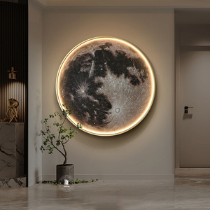 月亮灯led灯画圆形玄关装饰画网红ins风手绘厚肌理客厅背景墙挂画