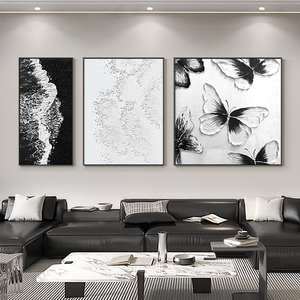 黑白艺术客厅装饰画高级三联壁画北欧肌理感蝴蝶沙发背景墙面挂画