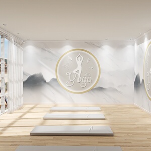 养生瑜伽馆墙纸新中式轻奢装饰壁画健身房背景墙壁纸舞蹈室墙布