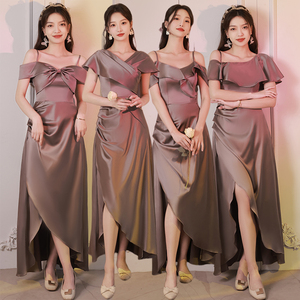 紫色伴娘服2024新款缎面平时可穿小众姐妹团晚礼服裙女高级感夏季