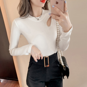 卡腰小衫短款上衣洋气带钻紧身白色打底衫女针织不规则别致t恤女